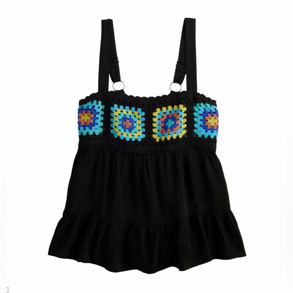 Kohl's Black Crochet Babydoll Tank Top with Rust Crochet Detail - NWT - S